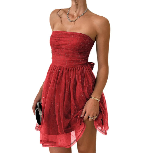 Shining Open Back Strapless Sleeveless Mesh Prom Party Club Mini Dress