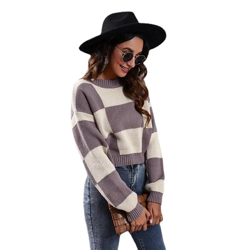 Short Loose Plaid Knit Checkered Shoulder Long Sleeves Women's Sweater