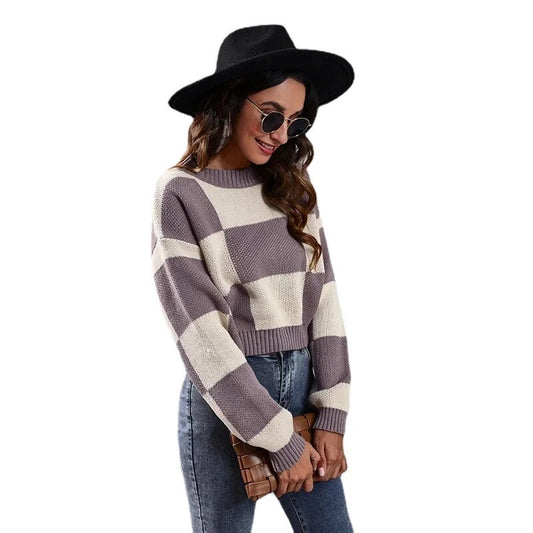 Short Loose Plaid Knit Checkered Shoulder Long Sleeves Women's Sweater