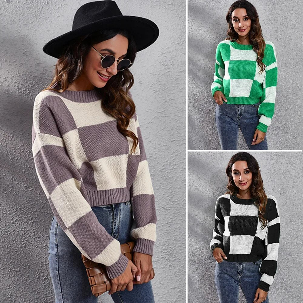 Short Loose Plaid Knit Checkered Shoulder Long Sleeves Women's Sweater