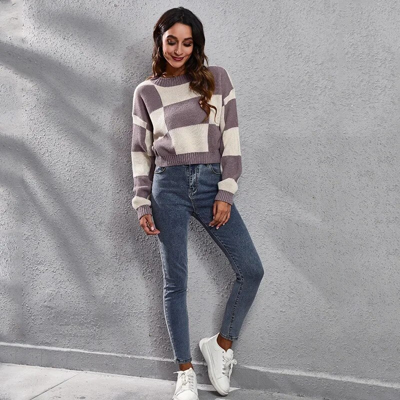 Short Loose Plaid Knit Checkered Shoulder Long Sleeves Women's Sweater