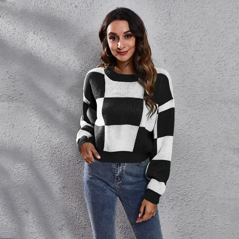 Short Loose Plaid Knit Checkered Shoulder Long Sleeves Women's Sweater