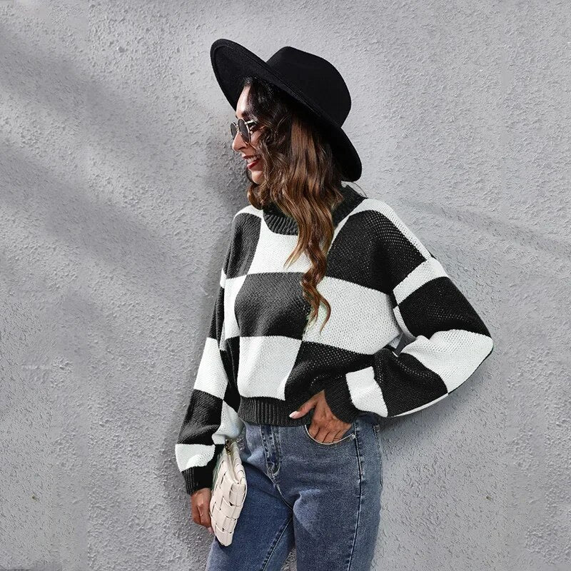 Short Loose Plaid Knit Checkered Shoulder Long Sleeves Women's Sweater