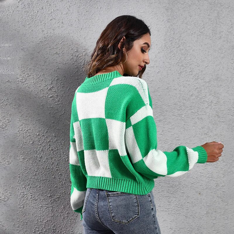 Short Loose Plaid Knit Checkered Shoulder Long Sleeves Women's Sweater