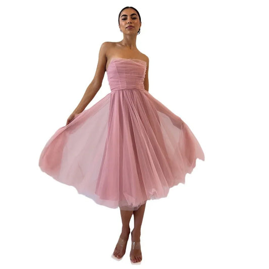 Sleeveless Fishbone Tube Top Knee Length Prom Party Dress Pink