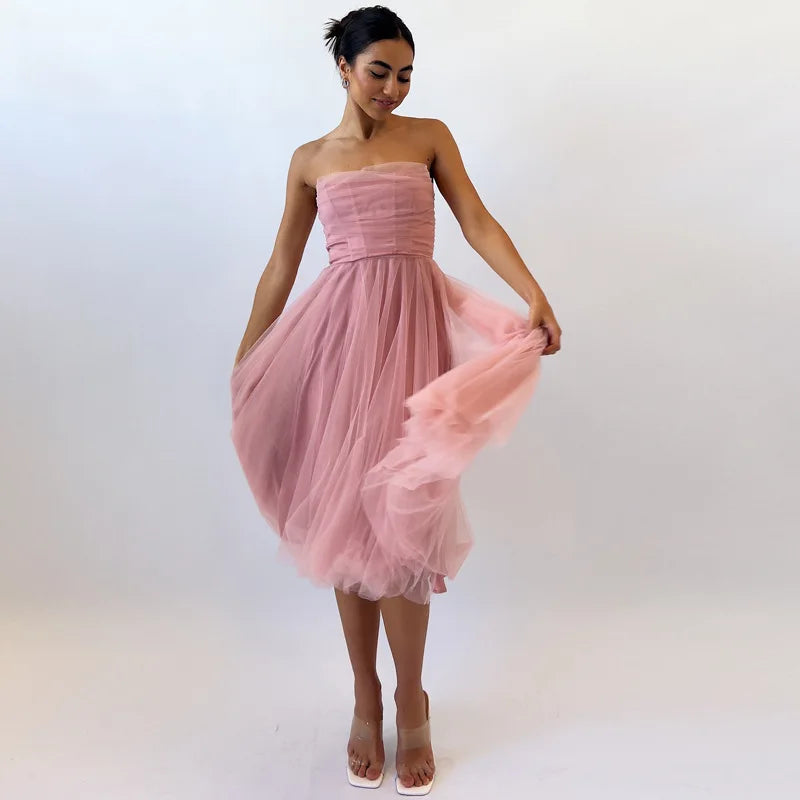 Sleeveless Fishbone Tube Top Knee Length Prom Party Dress Pink