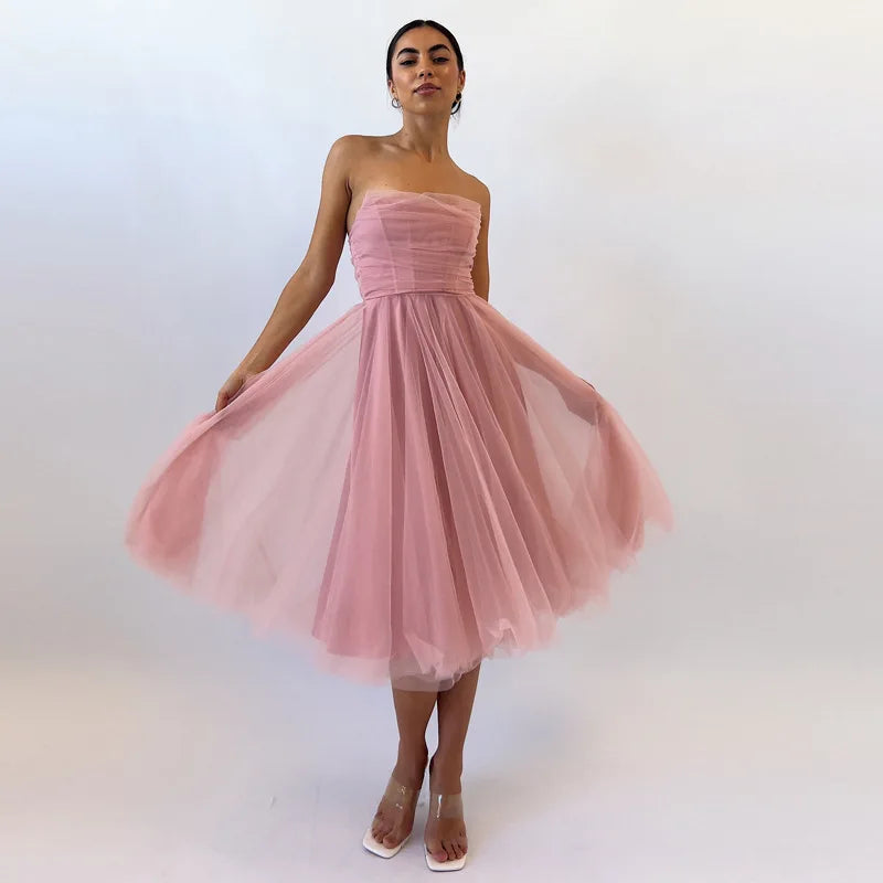 Sleeveless Fishbone Tube Top Knee Length Prom Party Dress Pink