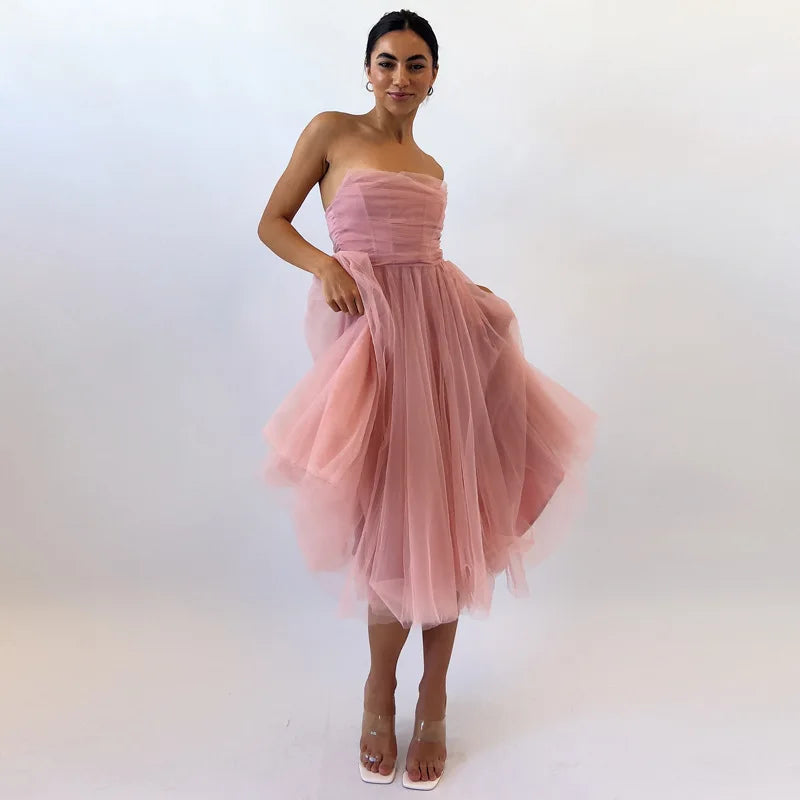 Sleeveless Fishbone Tube Top Knee Length Prom Party Dress Pink