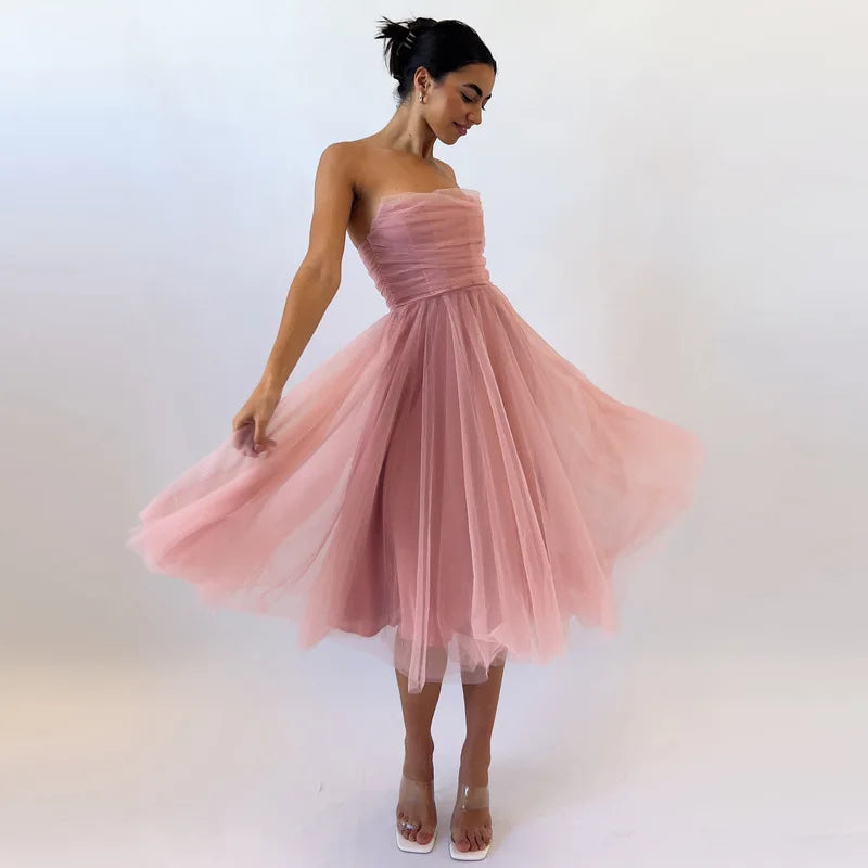 Sleeveless Fishbone Tube Top Knee Length Prom Party Dress Pink