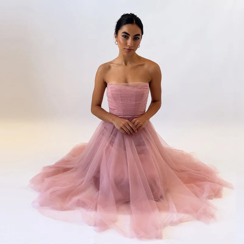 Sleeveless Fishbone Tube Top Knee Length Prom Party Dress Pink