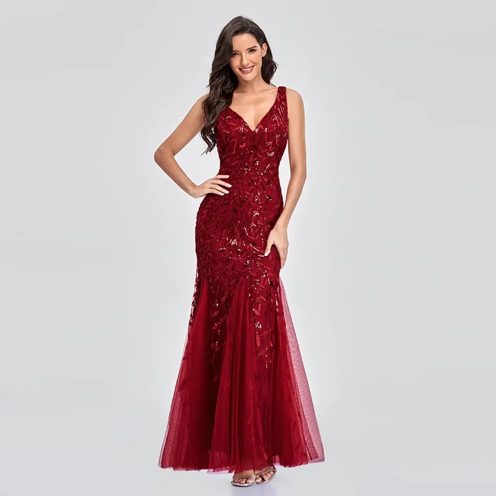 Sleeveless V-neck Embroidered Sequins Fishtail Formal Bridesmaid Evening Dress