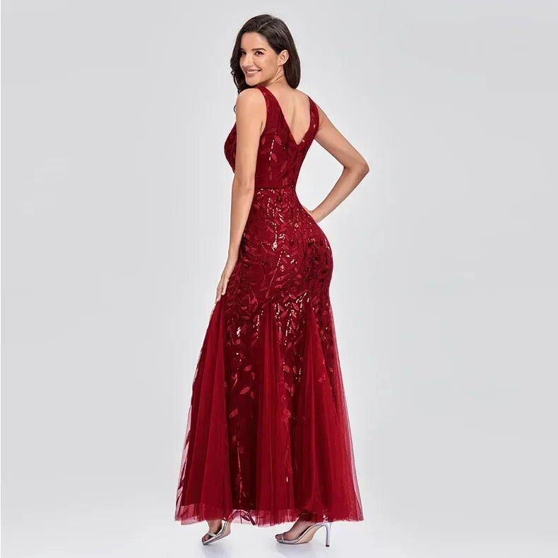 Sleeveless V-neck Embroidered Sequins Fishtail Formal Bridesmaid Evening Dress