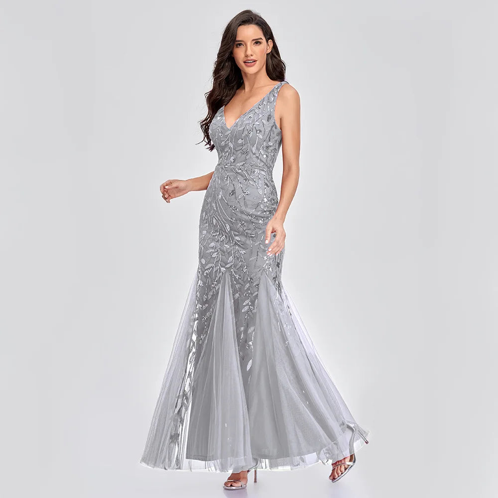 Sleeveless V-neck Embroidered Sequins Fishtail Formal Bridesmaid Evening Dress