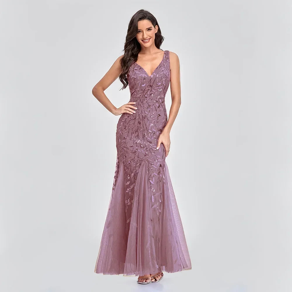 Sleeveless V-neck Embroidered Sequins Fishtail Formal Bridesmaid Evening Dress