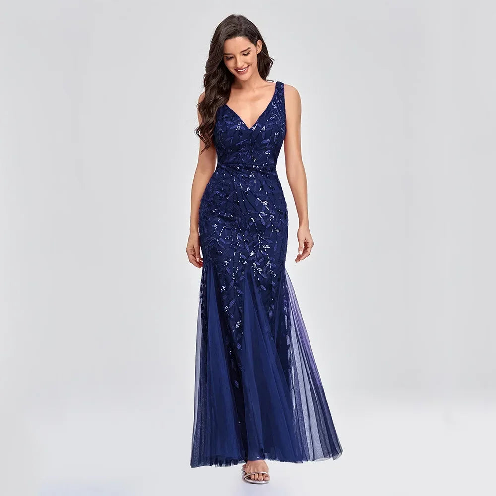 Sleeveless V-neck Embroidered Sequins Fishtail Formal Bridesmaid Evening Dress