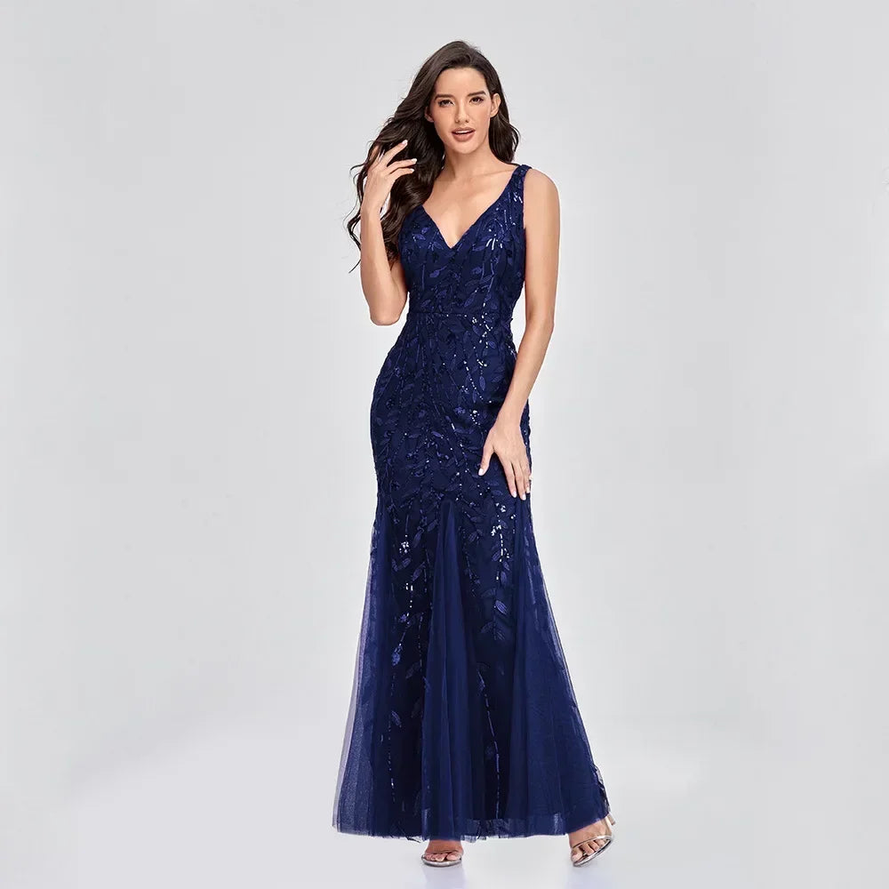 Sleeveless V-neck Embroidered Sequins Fishtail Formal Bridesmaid Evening Dress