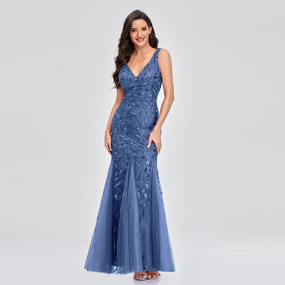 Sleeveless V-neck Embroidered Sequins Fishtail Formal Bridesmaid Evening Dress