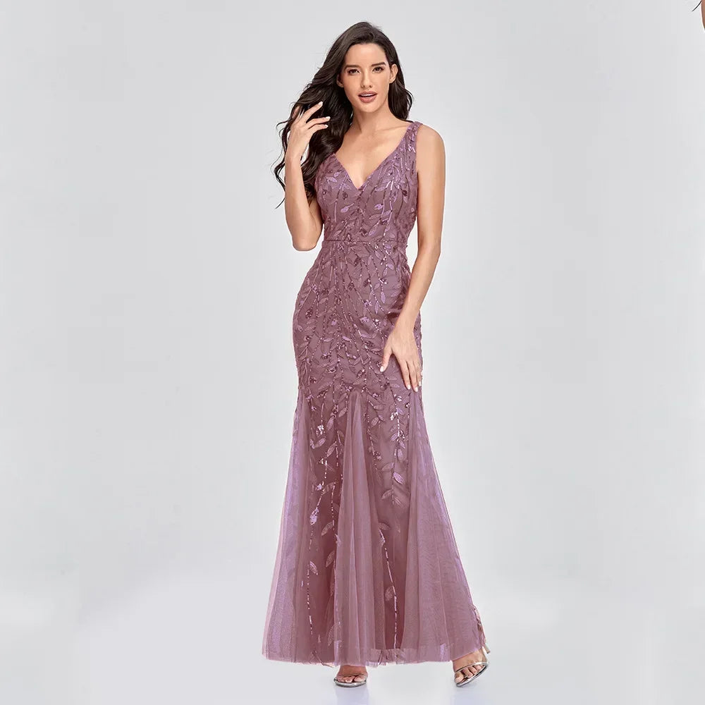 Sleeveless V-neck Embroidered Sequins Fishtail Formal Bridesmaid Evening Dress