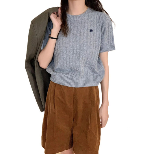 Small Flower Knitted Wool Short Sleeve Women's Autumn 2023 Layered Casual Pullover Top Sweater