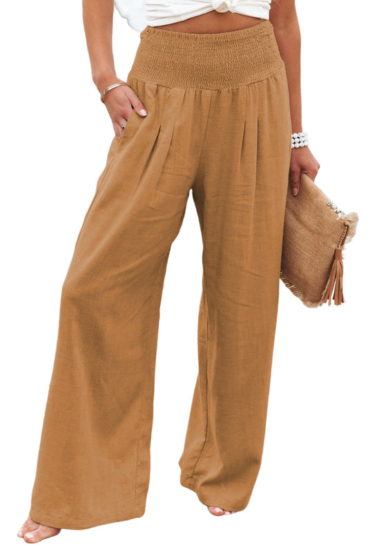 Smocked Wide Waistband High Waist Wide Leg Pants