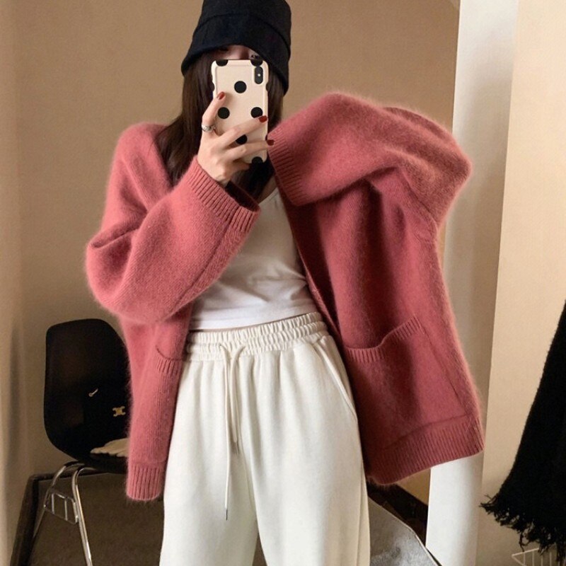 Soft Glutinous Lazy Knitted Sweater Coat Women's Cardigan New Versatile Solid Color Loose Unique Top