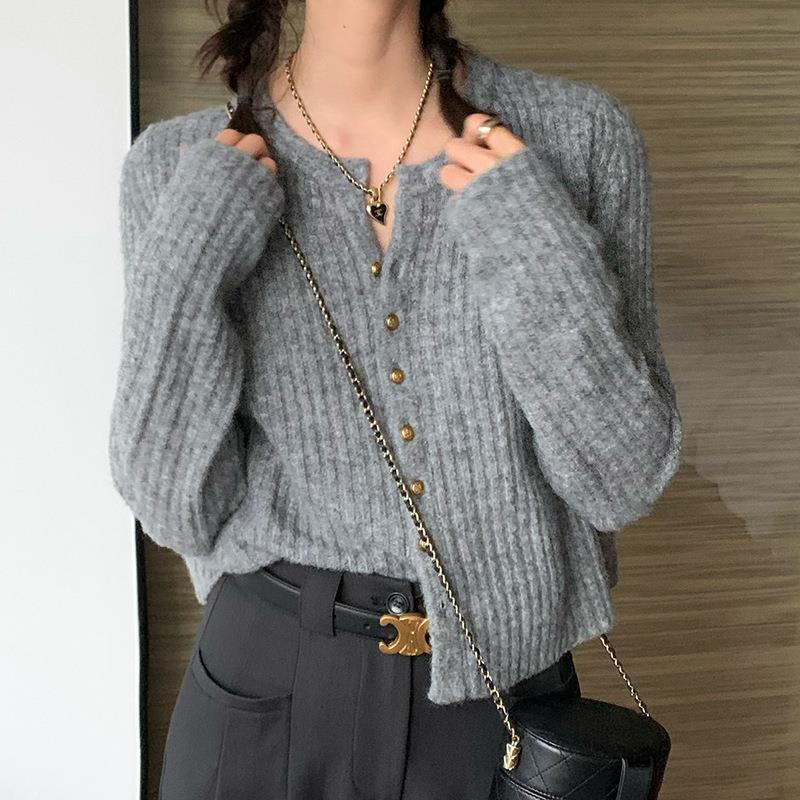 Soft Lazy Style Solid Color Knitted Long Sleeve Buttons Cardigan Top