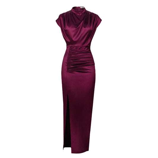 Solid Cdress High Waist Ruched Split Long Formal Evening Dress