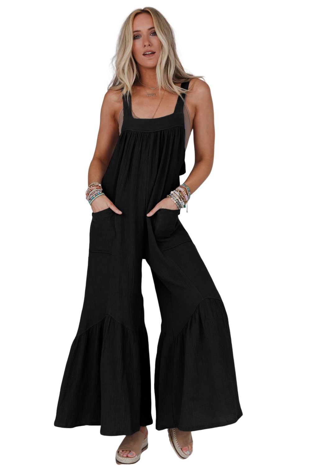 Solid Color Backless Spaghetti Straps Wide Leg Ruffle Jumpsuit