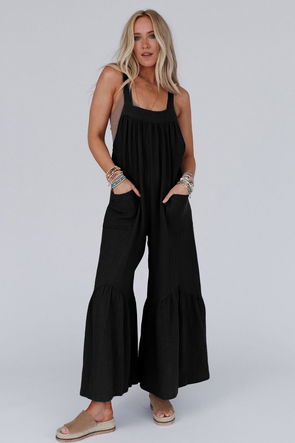 Solid Color Backless Spaghetti Straps Wide Leg Ruffle Jumpsuit