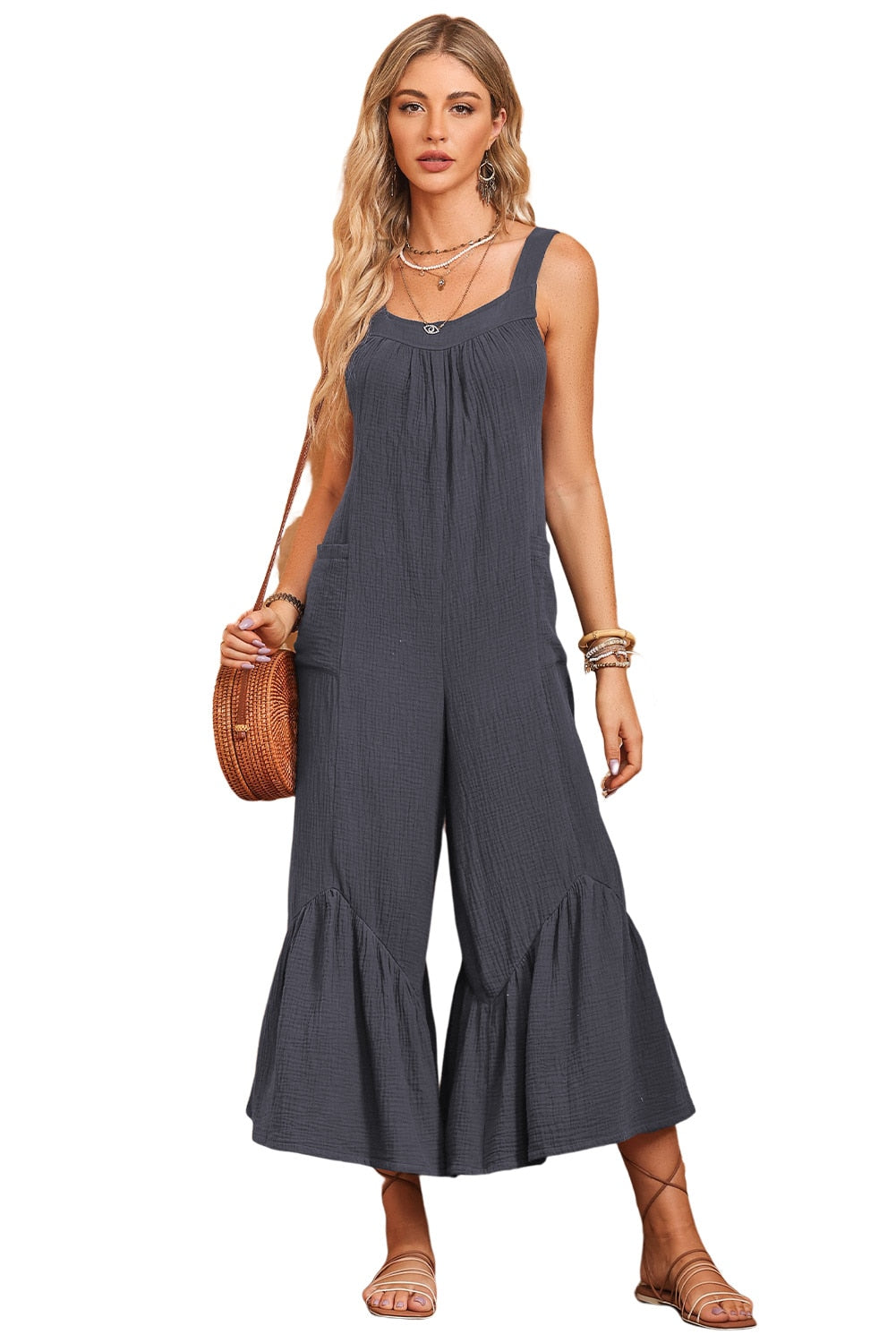 Solid Color Backless Spaghetti Straps Wide Leg Ruffle Jumpsuit