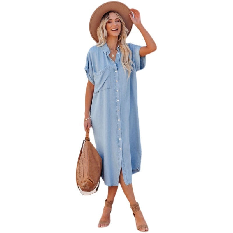 Solid Color Denim Short Sleeve Long Split Shirt Blue Dress