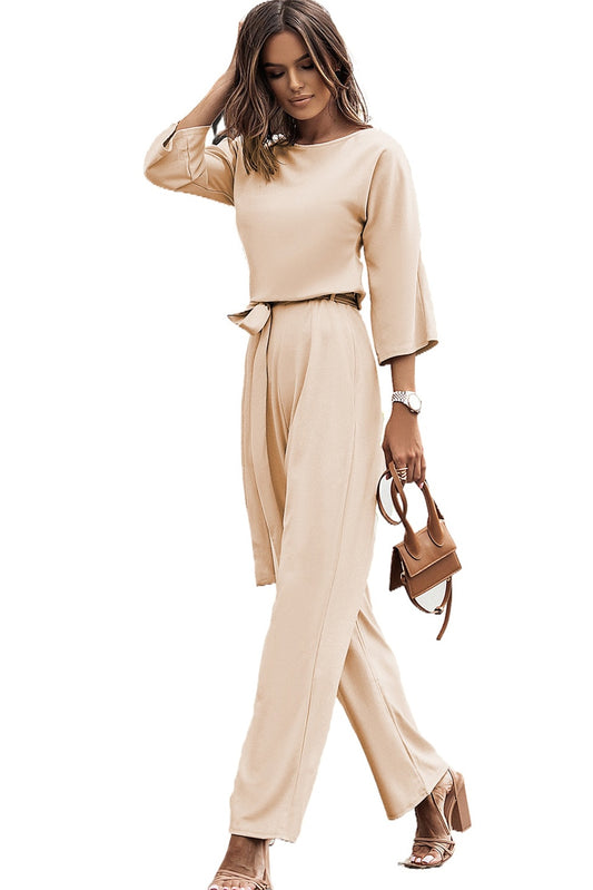 Solid Color Half Sleeve Waist Tie Wide Leg Jumpsuit