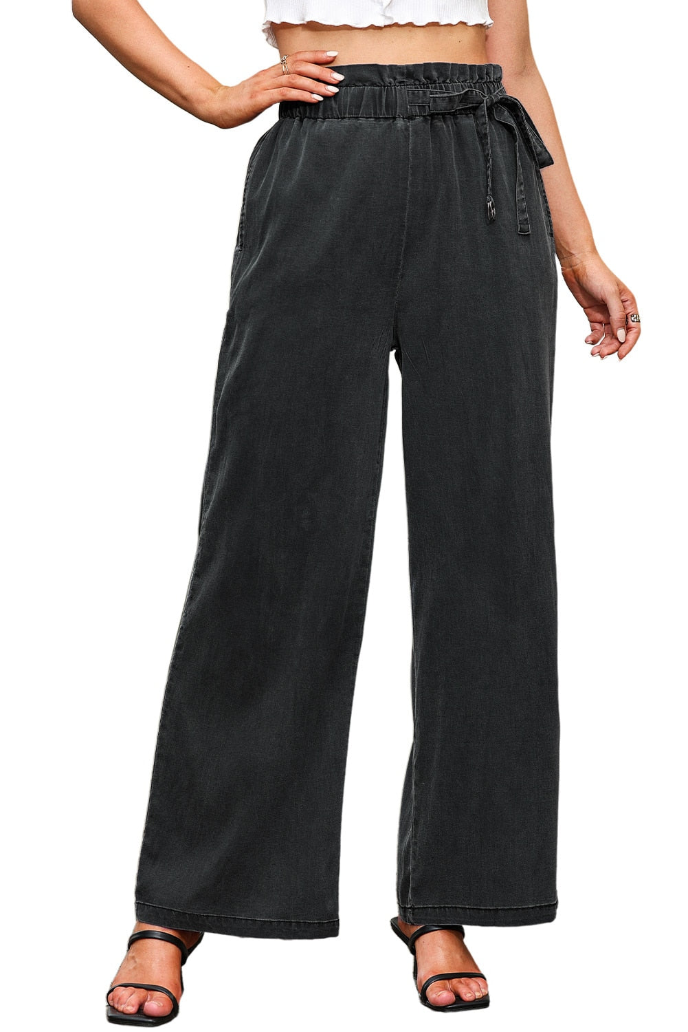 Solid Color High Waist Pocketed Wide Leg Tencel Jeans