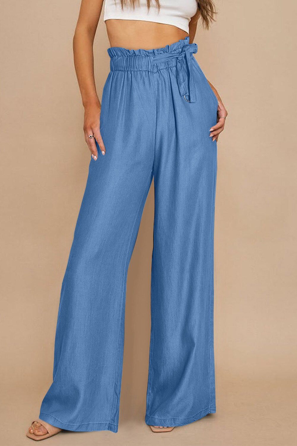 Solid Color High Waist Pocketed Wide Leg Tencel Jeans