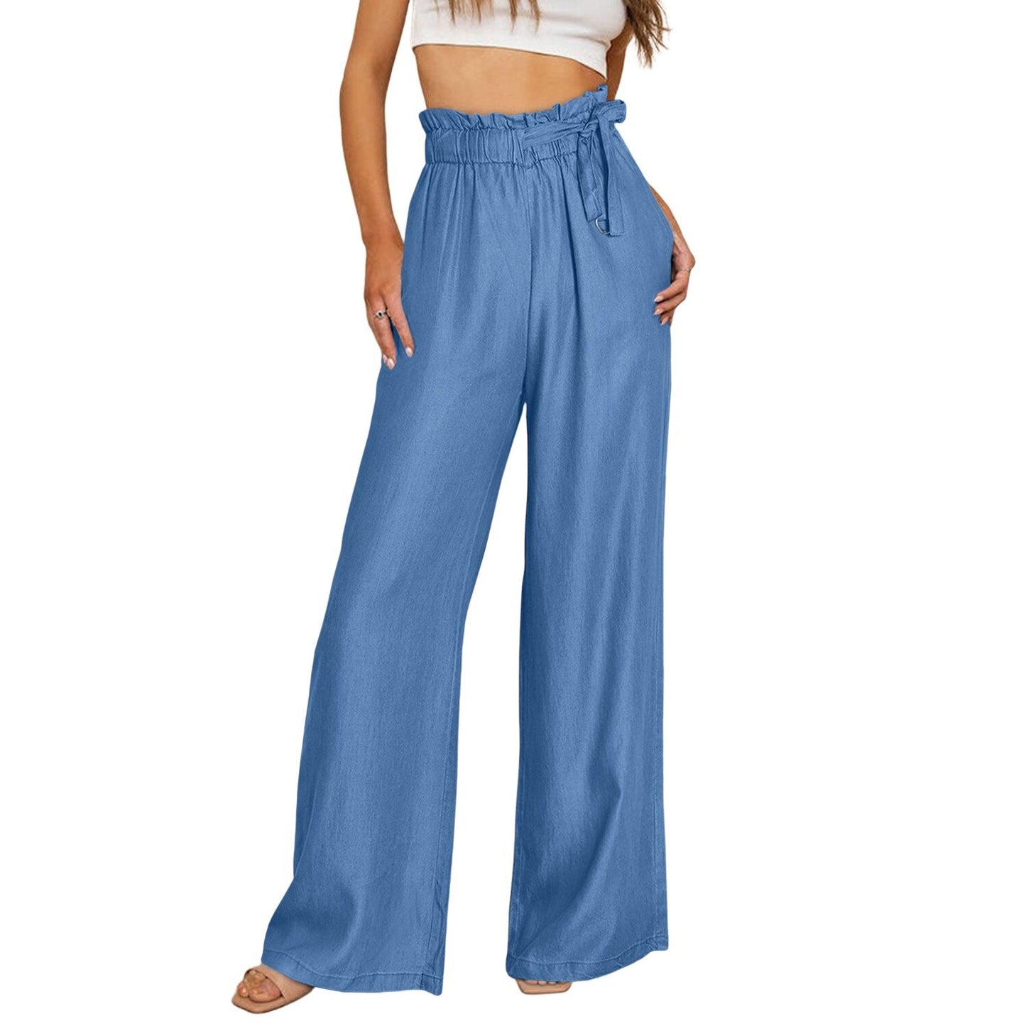 Solid Color High Waist Pocketed Wide Leg Tencel Jeans