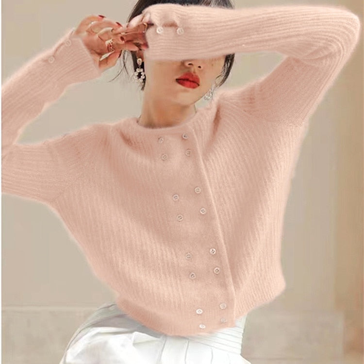 Solid Color Knitted Cardigan Jacket Feminine Skin Friendly Loose Sweater Double Breasted Round Neck Soft Glutinous Top