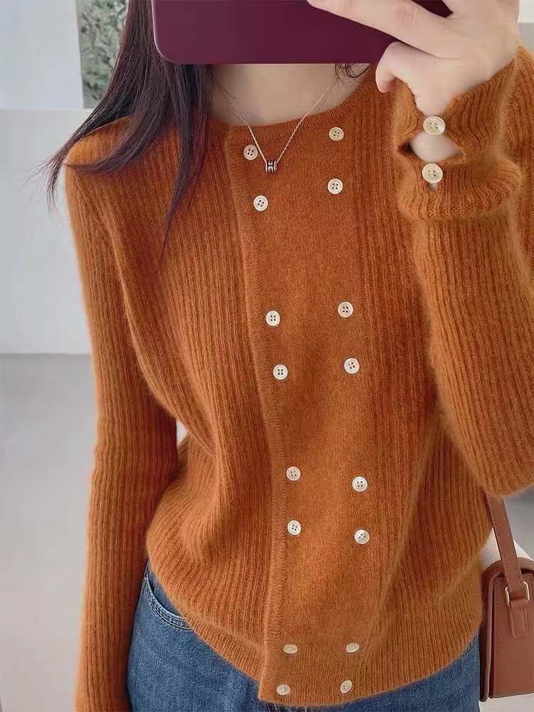 Solid Color Knitted Cardigan Jacket Feminine Skin Friendly Loose Sweater Double Breasted Round Neck Soft Glutinous Top