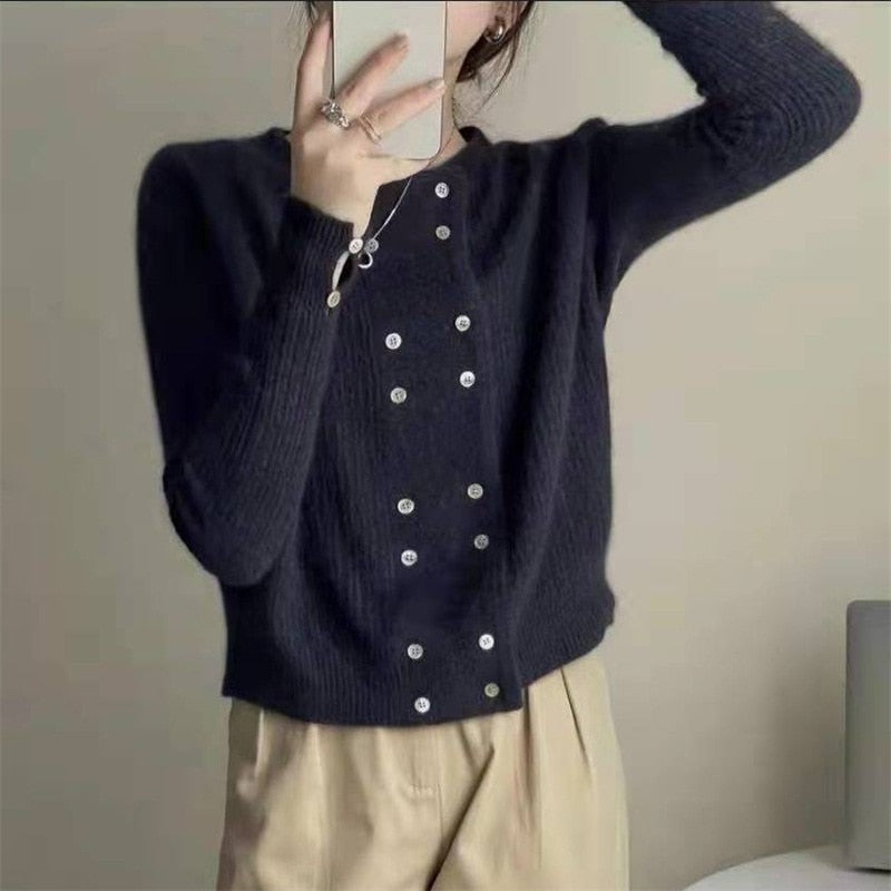 Solid Color Knitted Cardigan Jacket Feminine Skin Friendly Loose Sweater Double Breasted Round Neck Soft Glutinous Top