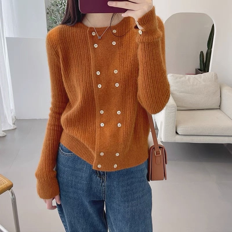 Solid Color Knitted Cardigan Jacket Feminine Skin Friendly Loose Sweater Double Breasted Round Neck Soft Glutinous Top