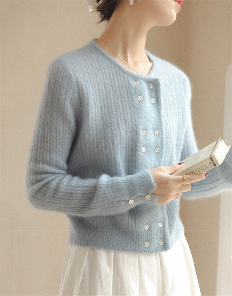 Solid Color Knitted Cardigan Jacket Feminine Skin Friendly Loose Sweater Double Breasted Round Neck Soft Glutinous Top