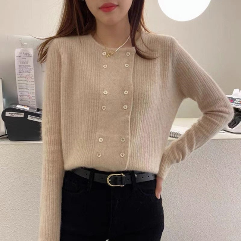 Solid Color Knitted Cardigan Jacket Feminine Skin Friendly Loose Sweater Double Breasted Round Neck Soft Glutinous Top