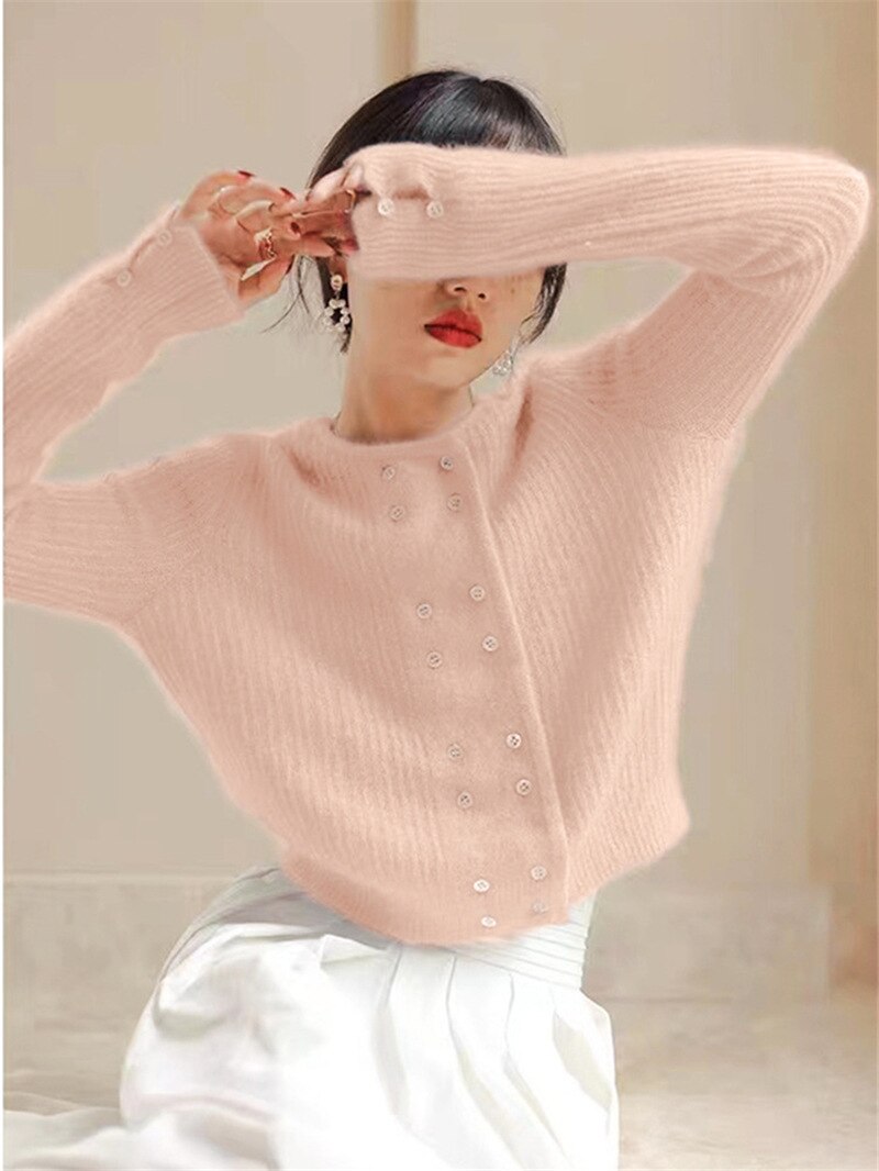 Solid Color Knitted Cardigan Jacket Feminine Skin Friendly Loose Sweater Double Breasted Round Neck Soft Glutinous Top