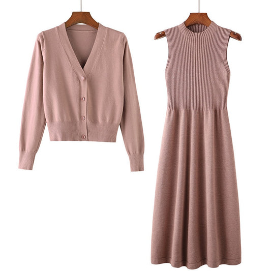 Solid Color Knitted V-neck Long Sleeves Top Cardigan Sleeveless Knee Length Sweater Dress Two Pieces Set