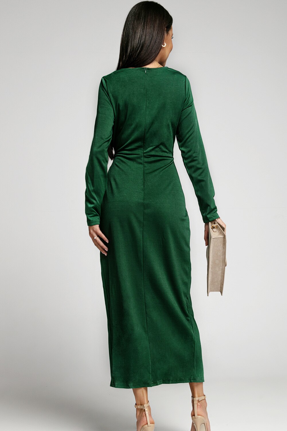 Solid Color Long Sleeve Deep V Neck Twist Front Slit Long Dress