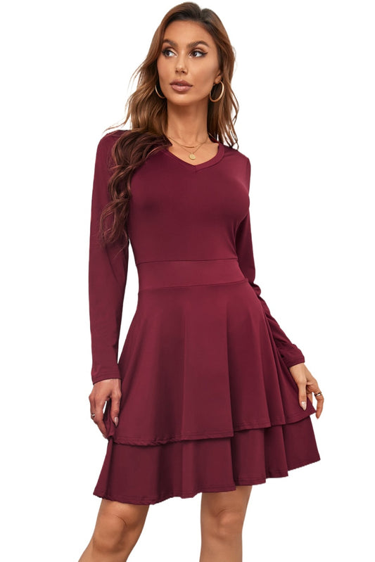 Solid Color Long Sleeve V Neck Tiered Ruffle A-line Mini Dress