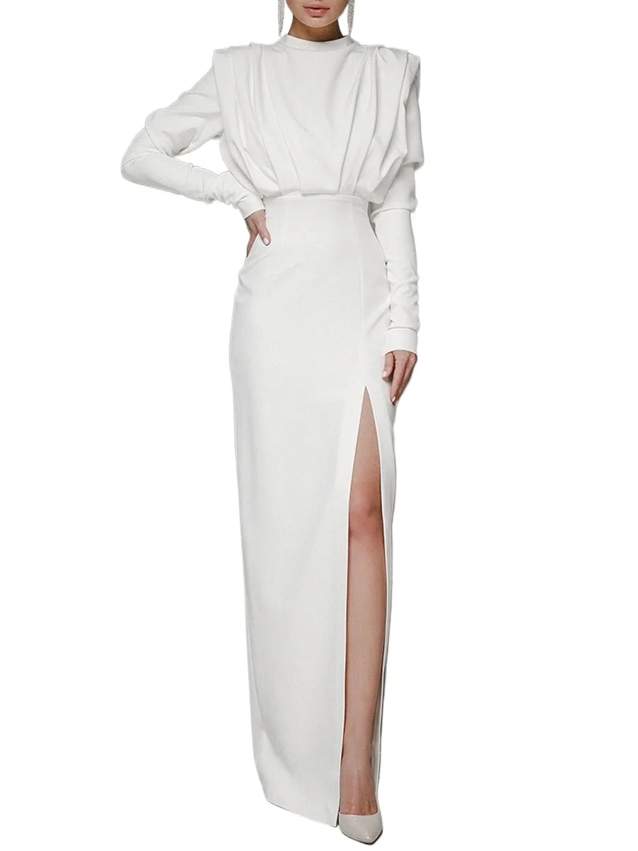 Solid Color Long Sleeves Turtleneck Pullover Side Slit Ruched Formal Evening Dress