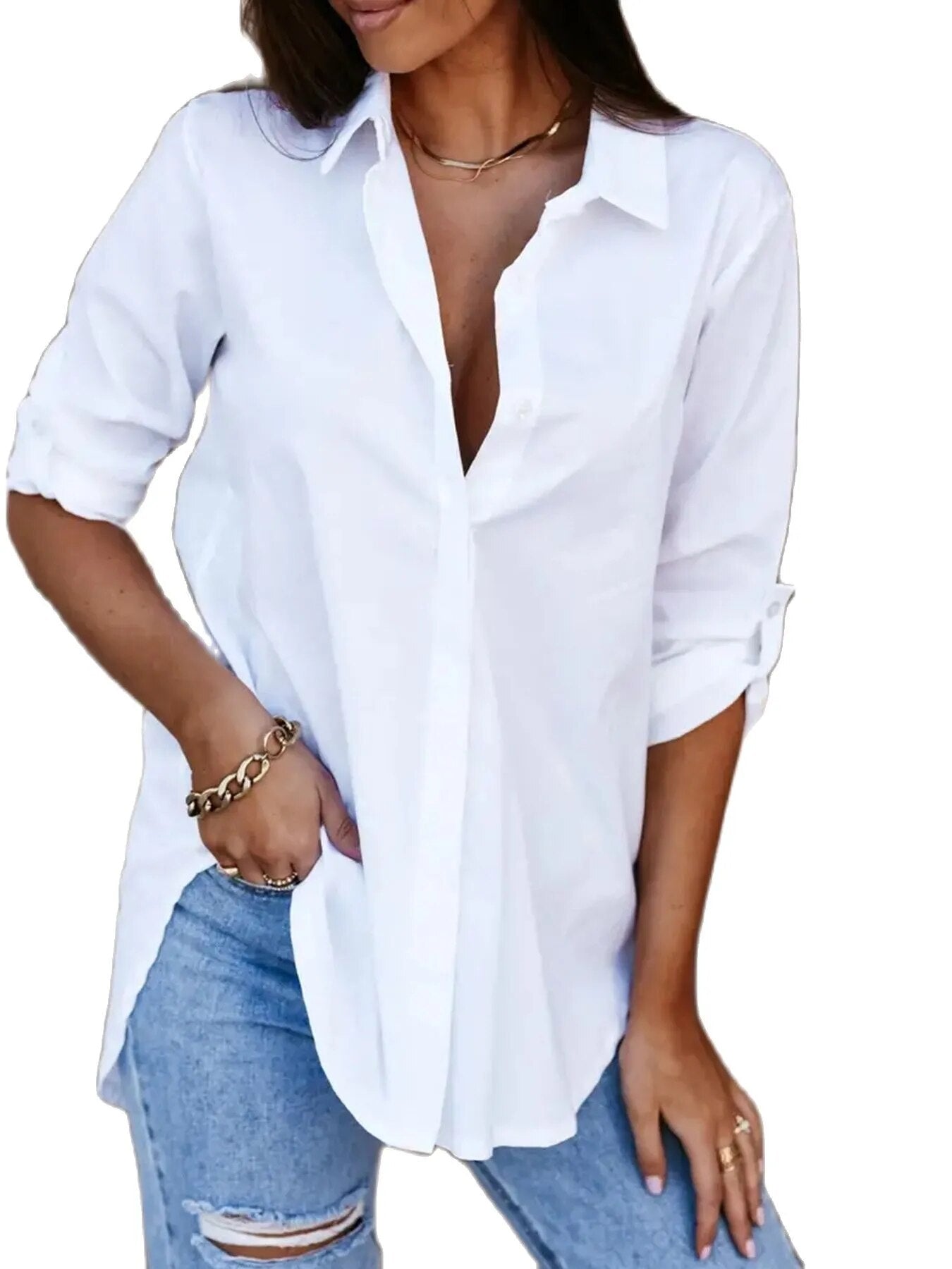 Solid Color Long Sleeves with Buttons V-neck Shirt