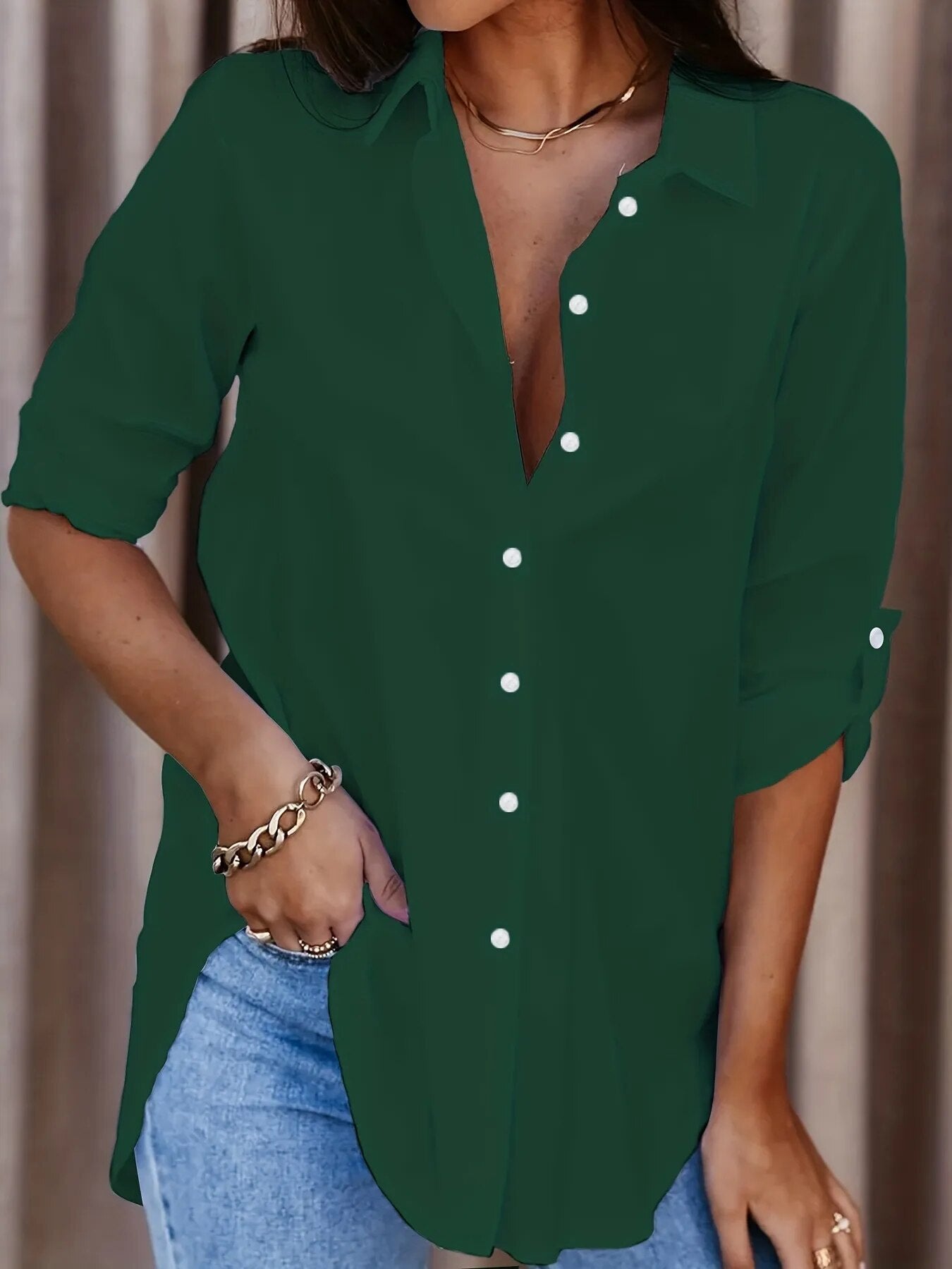 Solid Color Long Sleeves with Buttons V-neck Shirt