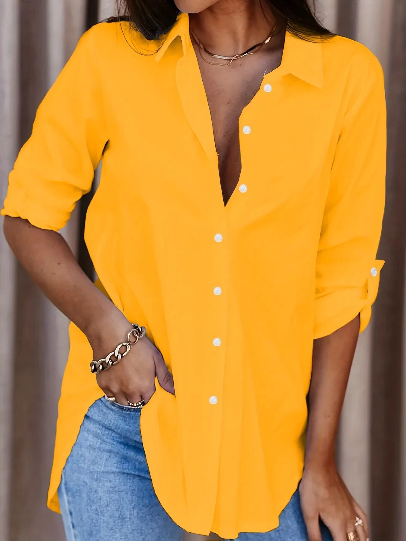 Solid Color Long Sleeves with Buttons V-neck Shirt