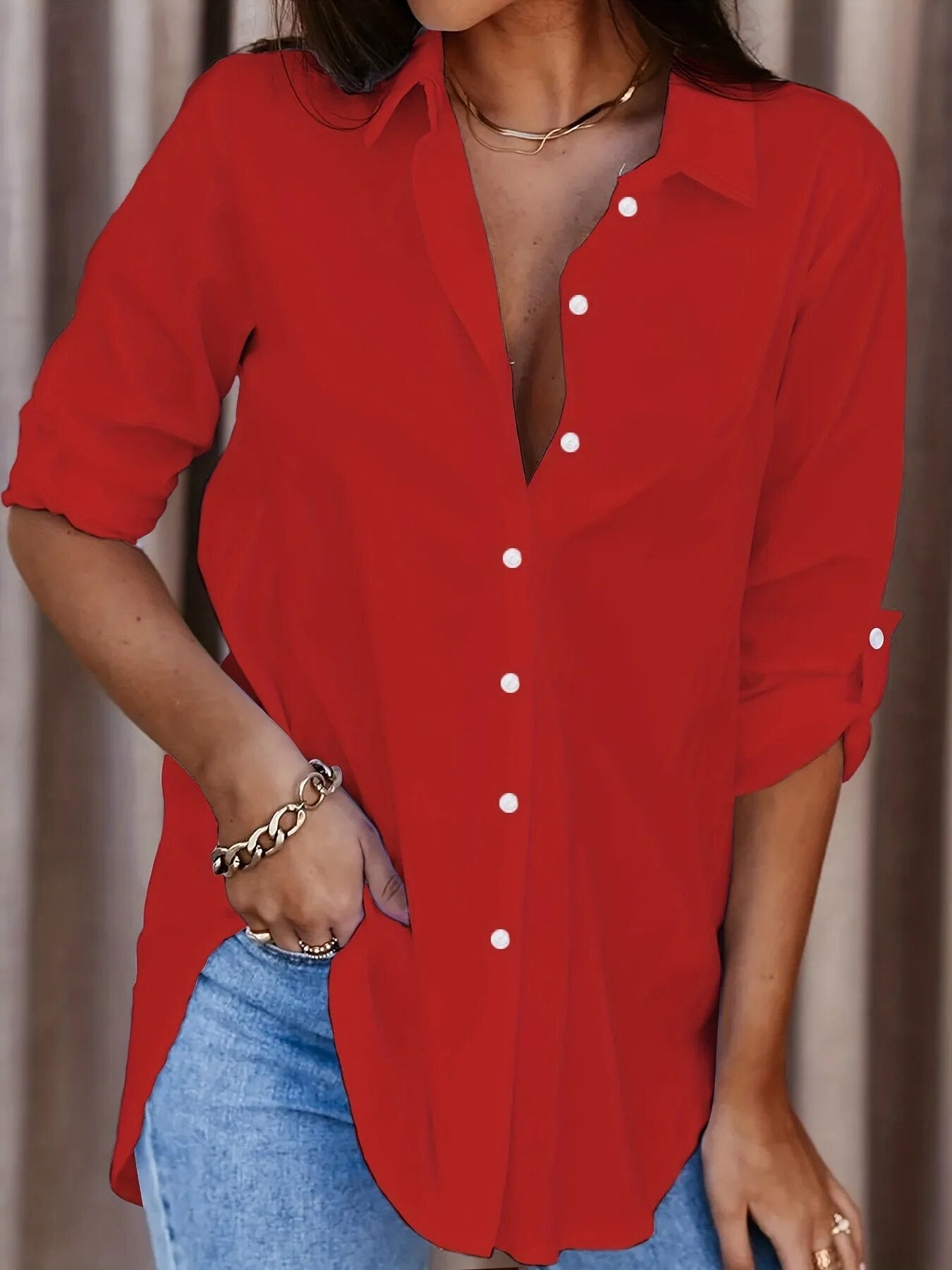 Solid Color Long Sleeves with Buttons V-neck Shirt